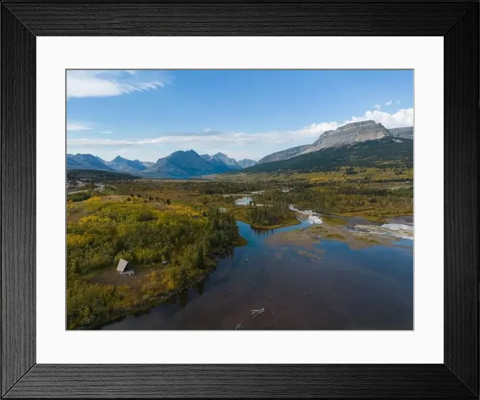 Framed Print : Aerial view from Lower St Mary lake looking towards Glacier National Park in the fall Framed Print : Aerial view from Lower St Mary lake looking towards Glacier National Park in the fall