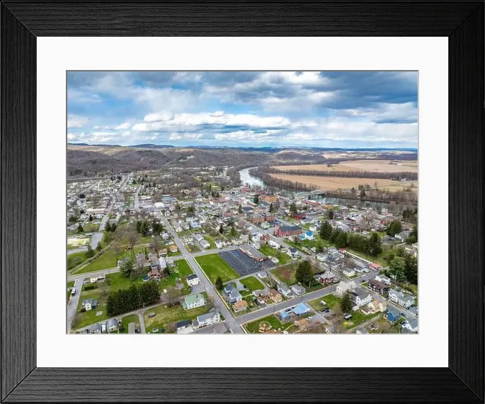 Framed Print : Jersey Shore, PA, USA - 03-17-2024 - Cloudy winter / spring aerial image of the borough Framed Print : Jersey Shore, PA, USA - 03-17-2024 - Cloudy winter / spring aerial image of the borough