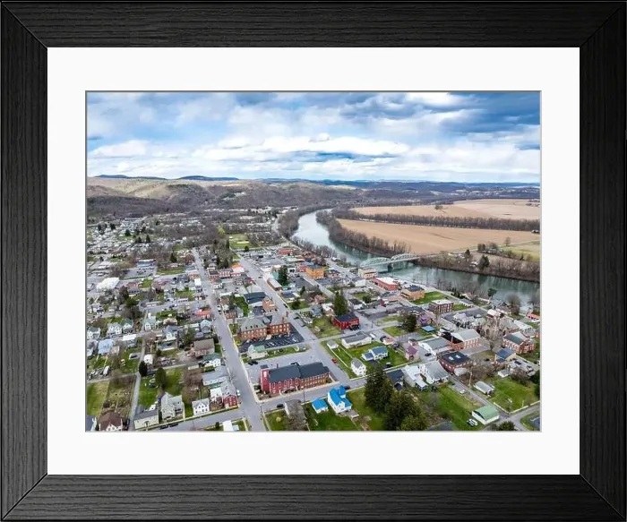 Framed Print : Jersey Shore, PA, USA - 03-17-2024 - Cloudy winter / spring aerial image of the borough Framed Print : Jersey Shore, PA, USA - 03-17-2024 - Cloudy winter / spring aerial image of the borough