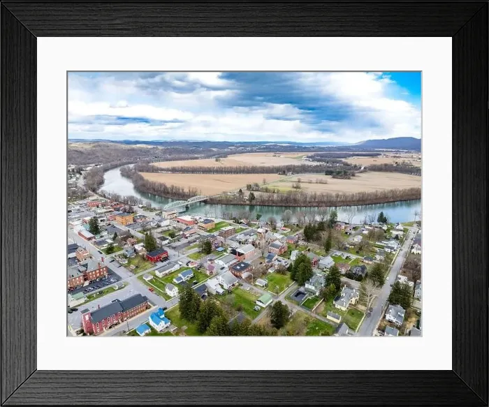 Framed Print : Jersey Shore, PA, USA - 03-17-2024 - Cloudy winter / spring aerial image of the borough Framed Print : Jersey Shore, PA, USA - 03-17-2024 - Cloudy winter / spring aerial image of the borough