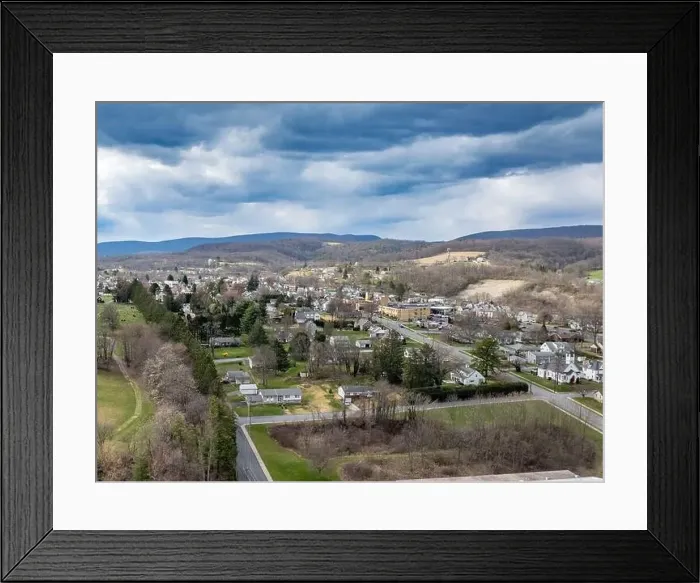 Framed Print : Jersey Shore, PA, USA - 03-17-2024 - Cloudy winter / spring aerial image of the borough Framed Print : Jersey Shore, PA, USA - 03-17-2024 - Cloudy winter / spring aerial image of the borough