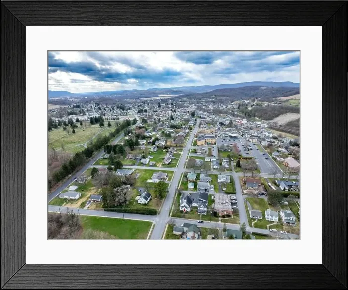 Framed Print : Jersey Shore, PA, USA - 03-17-2024 - Cloudy winter / spring aerial image of the borough Framed Print : Jersey Shore, PA, USA - 03-17-2024 - Cloudy winter / spring aerial image of the borough