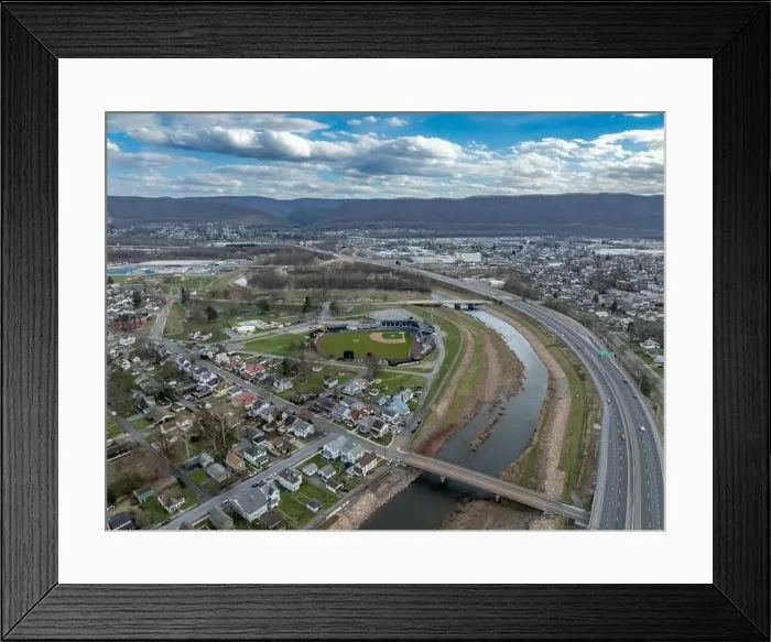Framed Print : Cloudy winter - spring aerial image of the surrounding area of the home of the little league world series in Framed Print : Cloudy winter - spring aerial image of the surrounding area of the home of the little league world series in