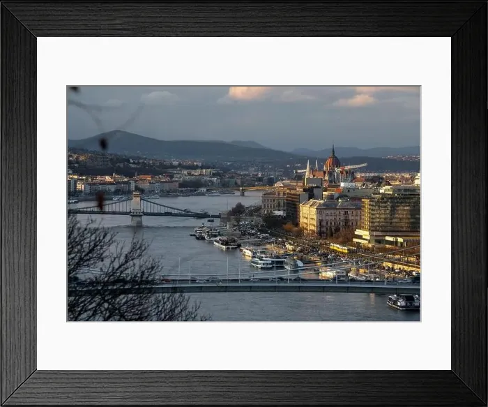 Framed Print : Budapest, Hungary: February 20, 2024: Cityscape view. Parliament building on the background Framed Print : Budapest, Hungary: February 20, 2024: Cityscape view. Parliament building on the background