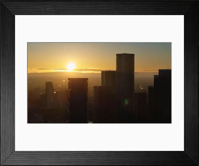Framed Print : Aerial drone shot across Manchester shot from the west looking east at Deansgate Square, Manchester, UK Framed Print : Aerial drone shot across Manchester shot from the west looking east at Deansgate Square, Manchester, UK