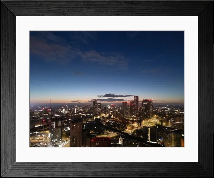 Framed Print : Aerial drone shot across Manchester shot from the west looking east at Deansgate Square, Manchester, UK Framed Print : Aerial drone shot across Manchester shot from the west looking east at Deansgate Square, Manchester, UK