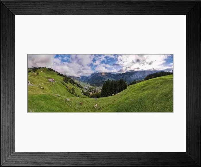 Framed Print : Drone view at the valley of Engelberg on the Swiss alps Framed Print : Drone view at the valley of Engelberg on the Swiss alps