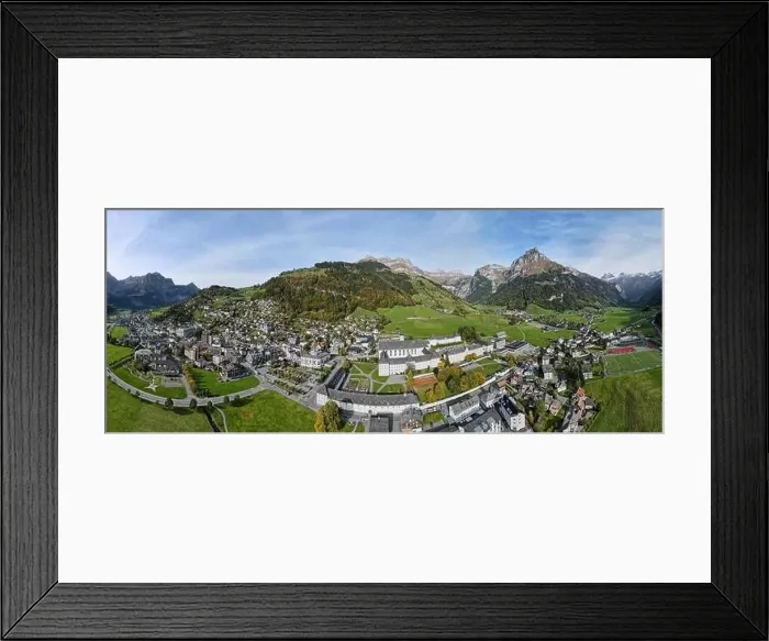 Framed Print : Drone view at a the convent of Engelberg on the Swiss alps