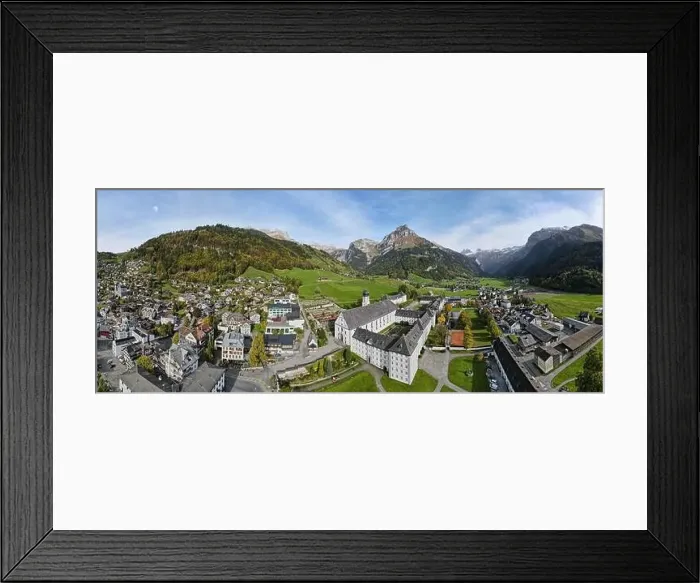 Framed Print : Drone view at a the convent of Engelberg on the Swiss alps