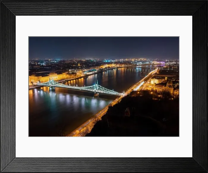 Framed Print : Budapest, Hungary - February 7, 2024: Landscape view of night Budapest from Citadella observation deck Framed Print : Budapest, Hungary - February 7, 2024: Landscape view of night Budapest from Citadella observation deck