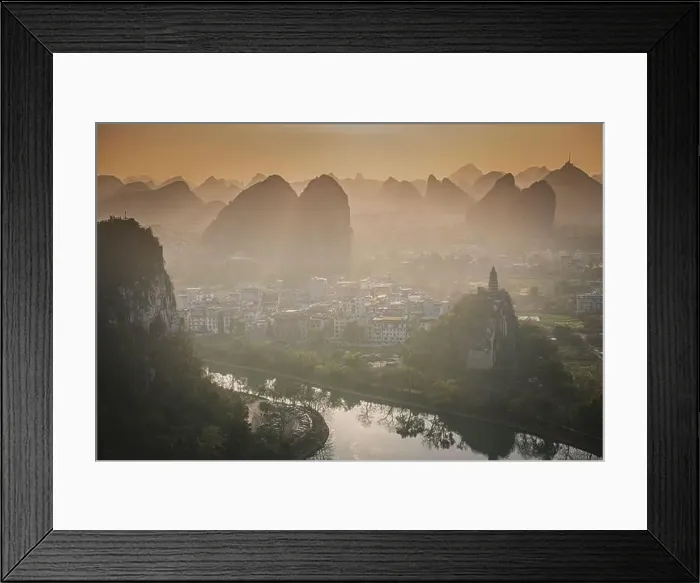 Framed Print : Drone Sunset View of Guilin, Li River and Karst mountains, Guilin city, Guangxi, province, China Framed Print : Drone Sunset View of Guilin, Li River and Karst mountains, Guilin city, Guangxi, province, China