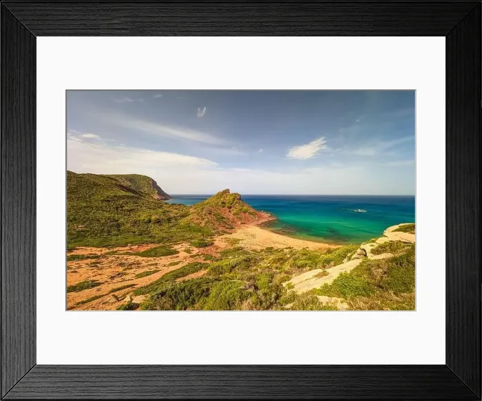 Framed Print : Aerial drone view of Cala del Pilar beach scenery on north cost of Menorca, near Ferreries Framed Print : Aerial drone view of Cala del Pilar beach scenery on north cost of Menorca, near Ferreries
