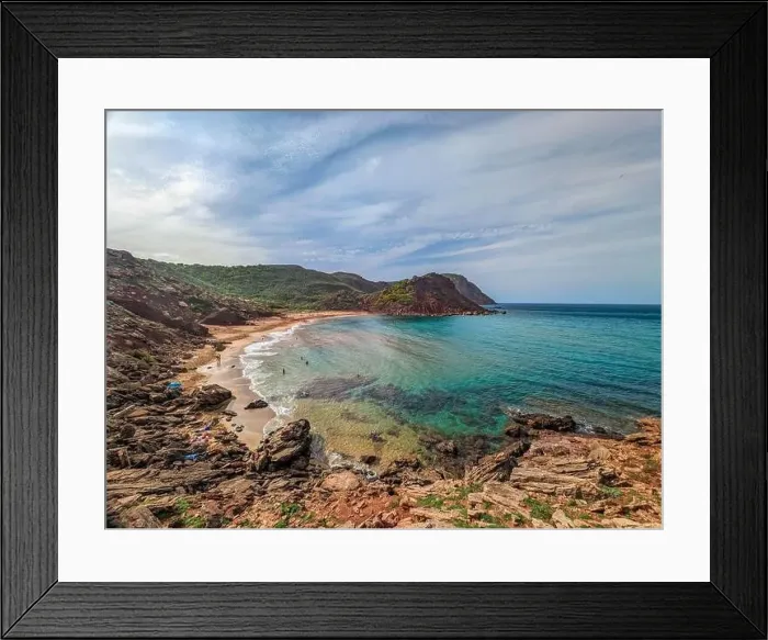 Framed Print : Aerial drone view of Cala del Pilar beach scenery on north cost of Menorca, near Ferreries Framed Print : Aerial drone view of Cala del Pilar beach scenery on north cost of Menorca, near Ferreries