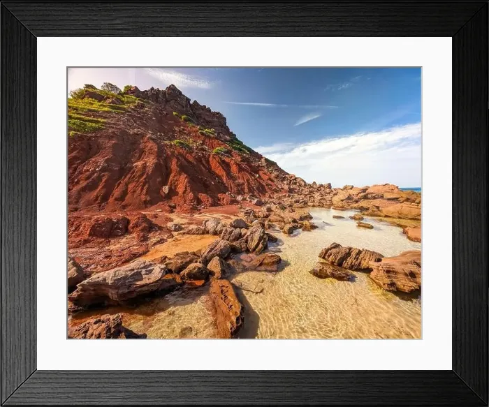 Framed Print : Aerial drone view of Cala del Pilar beach scenery on north cost of Menorca, near Ferreries Framed Print : Aerial drone view of Cala del Pilar beach scenery on north cost of Menorca, near Ferreries