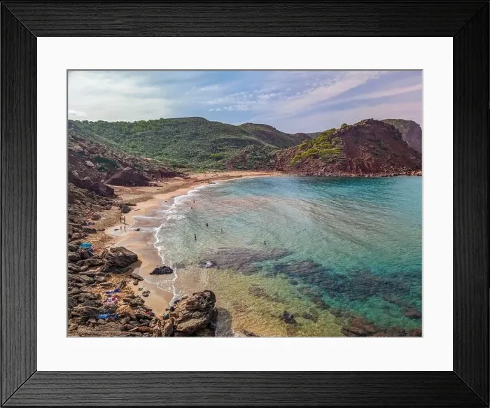 Framed Print : Aerial drone view of Cala del Pilar beach scenery on north cost of Menorca, near Ferreries Framed Print : Aerial drone view of Cala del Pilar beach scenery on north cost of Menorca, near Ferreries