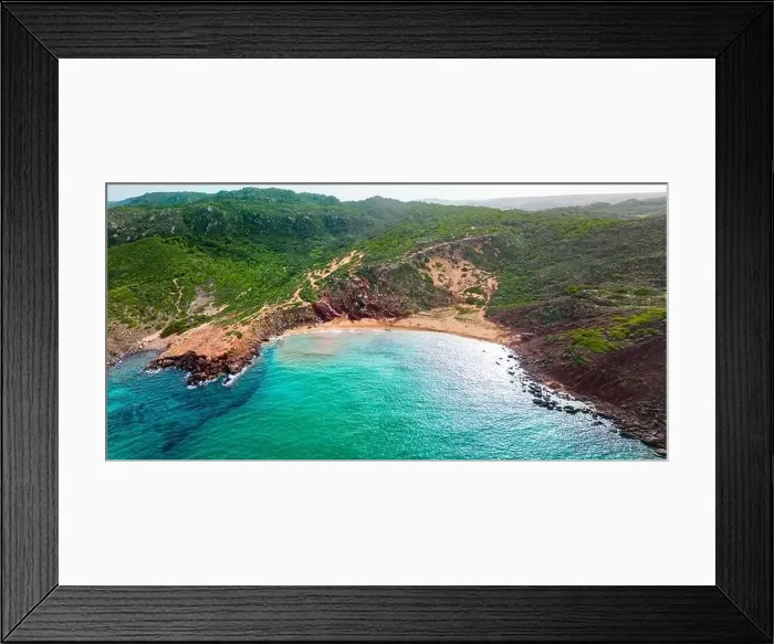 Framed Print : Aerial drone view of Cala del Pilar beach scenery on north cost of Menorca, near Ferreries Framed Print : Aerial drone view of Cala del Pilar beach scenery on north cost of Menorca, near Ferreries