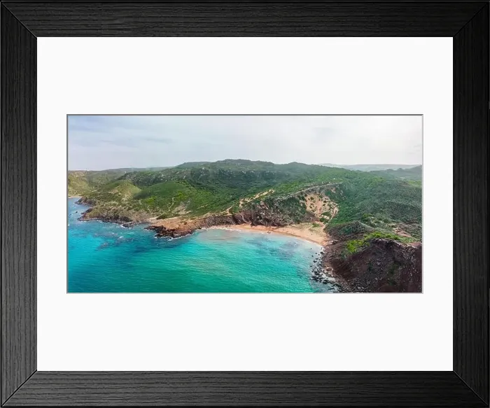 Framed Print : Aerial drone view of Cala del Pilar beach scenery on north cost of Menorca, near Ferreries Framed Print : Aerial drone view of Cala del Pilar beach scenery on north cost of Menorca, near Ferreries