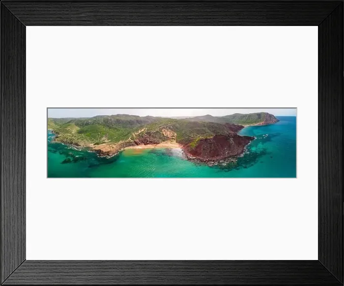 Framed Print : Aerial drone view of Cala del Pilar beach scenery on north cost of Menorca, near Ferreries Framed Print : Aerial drone view of Cala del Pilar beach scenery on north cost of Menorca, near Ferreries