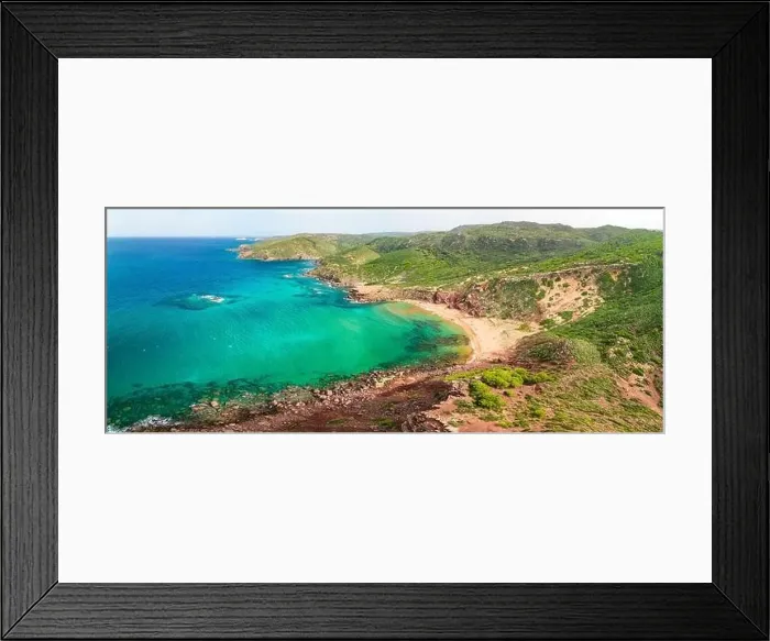 Framed Print : Aerial drone view of Cala del Pilar beach scenery on north cost of Menorca, near Ferreries Framed Print : Aerial drone view of Cala del Pilar beach scenery on north cost of Menorca, near Ferreries