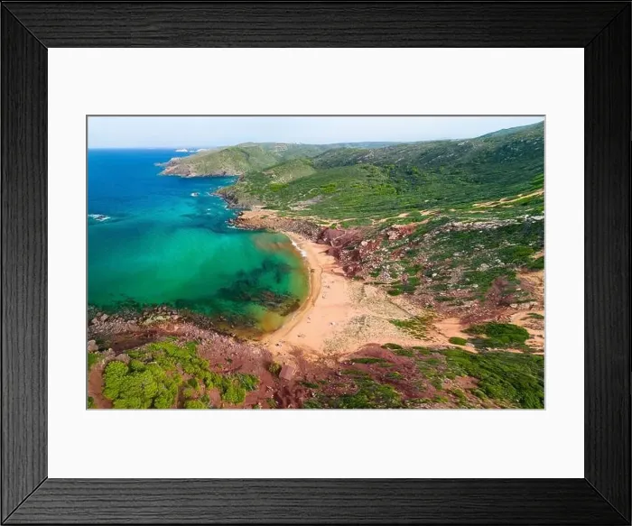 Framed Print : Aerial drone view of Cala del Pilar beach scenery on north cost of Menorca, near Ferreries Framed Print : Aerial drone view of Cala del Pilar beach scenery on north cost of Menorca, near Ferreries