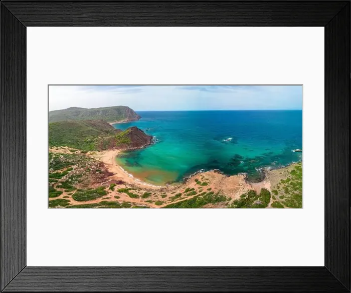 Framed Print : Aerial drone view of Cala del Pilar beach scenery on north cost of Menorca, near Ferreries Framed Print : Aerial drone view of Cala del Pilar beach scenery on north cost of Menorca, near Ferreries