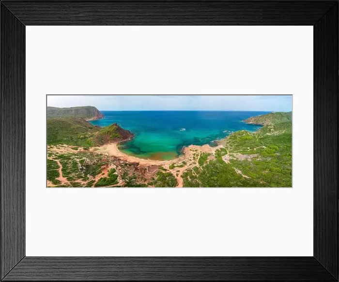 Framed Print : Aerial drone view of Cala del Pilar beach scenery on north cost of Menorca, near Ferreries Framed Print : Aerial drone view of Cala del Pilar beach scenery on north cost of Menorca, near Ferreries