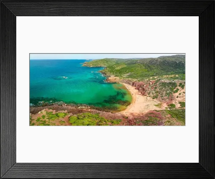 Framed Print : Aerial drone view of Cala del Pilar beach scenery on north cost of Menorca, near Ferreries Framed Print : Aerial drone view of Cala del Pilar beach scenery on north cost of Menorca, near Ferreries