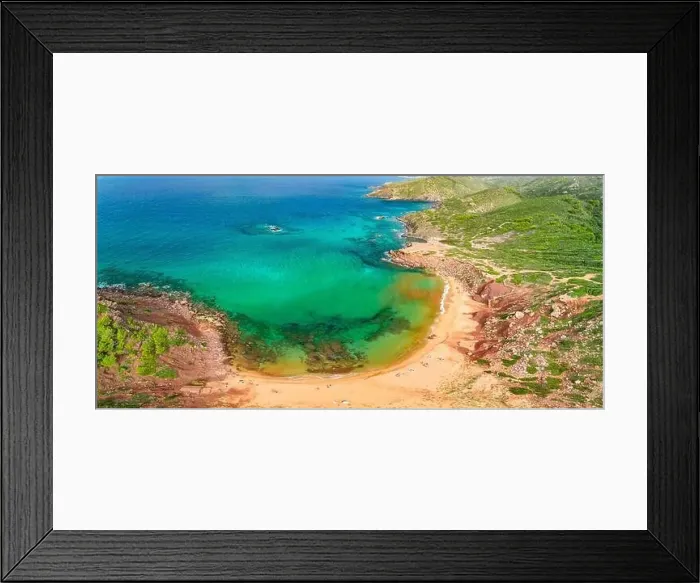 Framed Print : Aerial drone view of Cala del Pilar beach scenery on north cost of Menorca, near Ferreries Framed Print : Aerial drone view of Cala del Pilar beach scenery on north cost of Menorca, near Ferreries