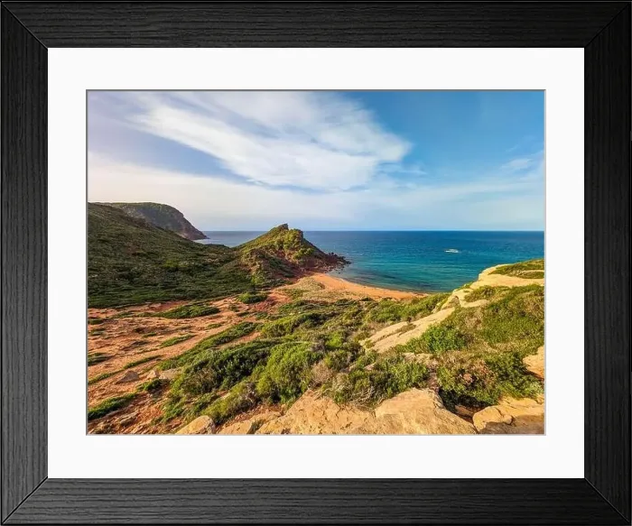 Framed Print : Aerial drone view of Cala del Pilar beach scenery on north cost of Menorca, near Ferreries Framed Print : Aerial drone view of Cala del Pilar beach scenery on north cost of Menorca, near Ferreries