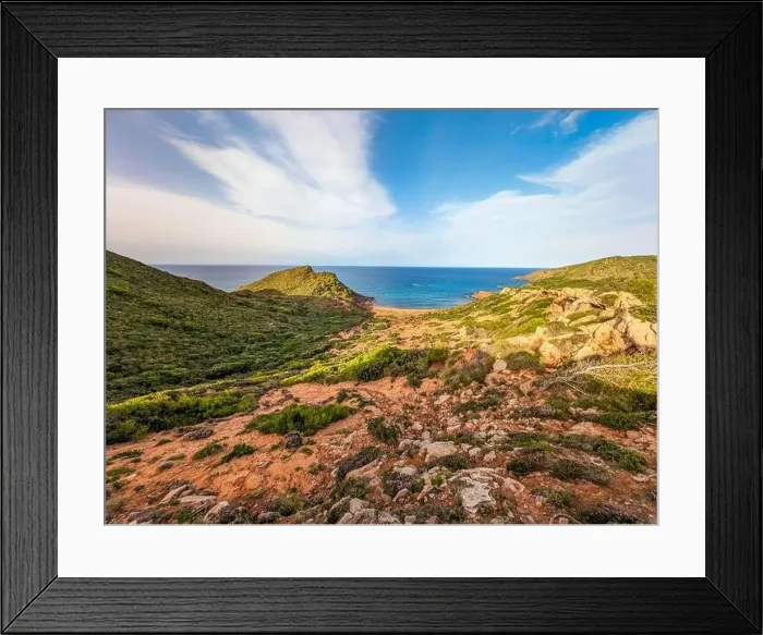 Framed Print : Aerial drone view of Cala del Pilar beach scenery on north cost of Menorca, near Ferreries Framed Print : Aerial drone view of Cala del Pilar beach scenery on north cost of Menorca, near Ferreries