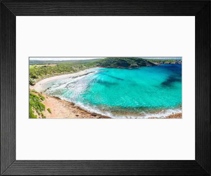 Framed Print : Aerial drone view of Menorca seascape at cala de Algariens, Spain Framed Print : Aerial drone view of Menorca seascape at cala de Algariens, Spain