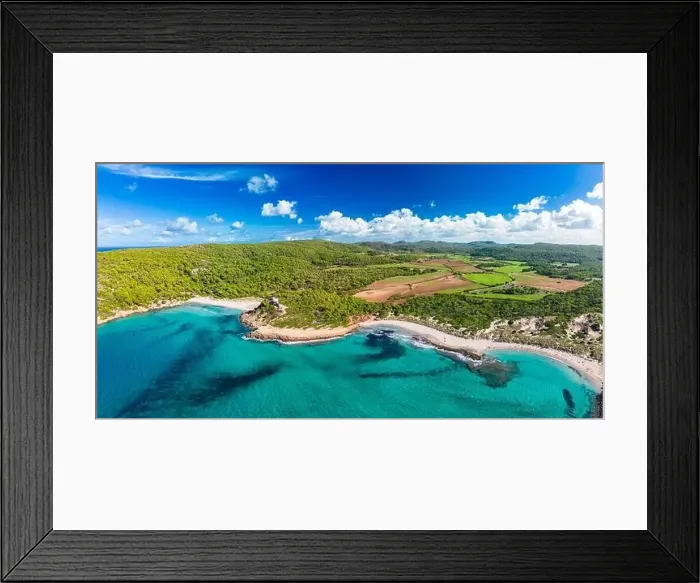 Framed Print : Aerial drone view of Menorca seascape at cala de Algariens, Spain Framed Print : Aerial drone view of Menorca seascape at cala de Algariens, Spain