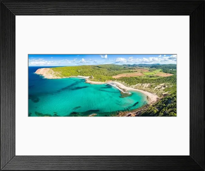 Framed Print : Aerial drone view of Menorca seascape at cala de Algariens, Spain Framed Print : Aerial drone view of Menorca seascape at cala de Algariens, Spain