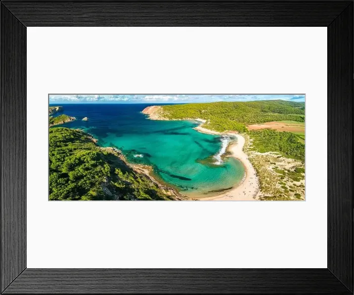 Framed Print : Aerial drone view of Menorca seascape at cala de Algariens, Spain Framed Print : Aerial drone view of Menorca seascape at cala de Algariens, Spain