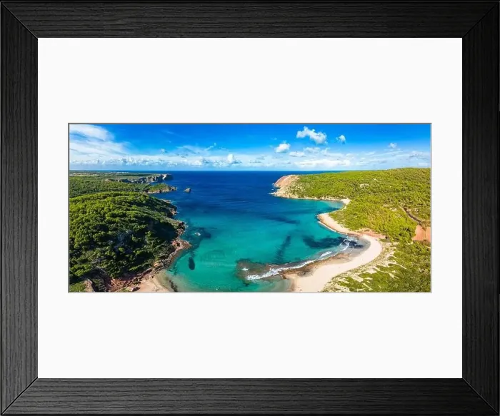 Framed Print : Aerial drone view of Menorca seascape at cala de Algariens, Spain Framed Print : Aerial drone view of Menorca seascape at cala de Algariens, Spain