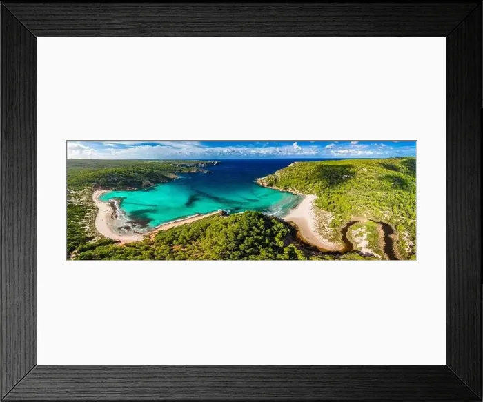 Framed Print : Aerial drone view of Menorca seascape at cala de Algariens, Spain Framed Print : Aerial drone view of Menorca seascape at cala de Algariens, Spain