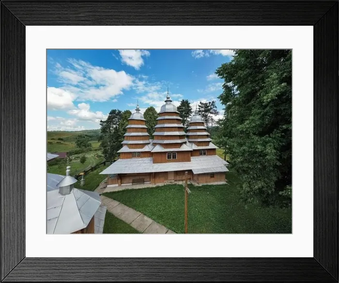 Framed Print : Matkiv, Ukraine - July 21, 2021: Aerial view on ancient wooden Church of Synaxis of the Holy Mother of God in Matkiv Framed Print : Matkiv, Ukraine - July 21, 2021: Aerial view on ancient wooden Church of Synaxis of the Holy Mother of God in Matkiv
