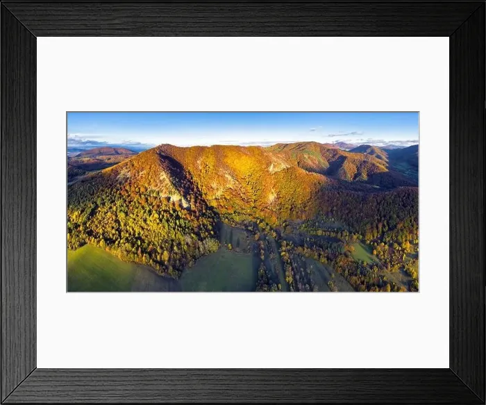 Framed Print : Drone mountain panorama with autumn forest Framed Print : Drone mountain panorama with autumn forest
