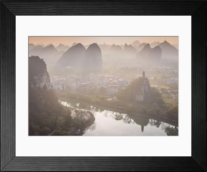 Framed Print : Drone Sunset View of Guilin, Li River and Karst mountains, Guilin city, Guangxi, province, China Framed Print : Drone Sunset View of Guilin, Li River and Karst mountains, Guilin city, Guangxi, province, China