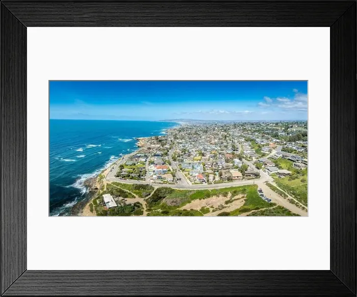 Framed Print : Aerial panorama of Sunset Beach in San Diego with ragged California ocean coastline Framed Print : Aerial panorama of Sunset Beach in San Diego with ragged California ocean coastline