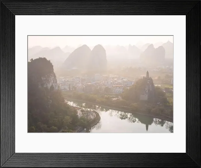 Framed Print : Drone Sunset View of Guilin, Li River and Karst mountains, Guilin city, Guangxi, province, China Framed Print : Drone Sunset View of Guilin, Li River and Karst mountains, Guilin city, Guangxi, province, China