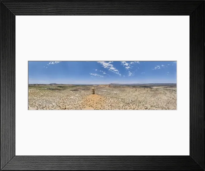 Framed Print : Drone panorama of the landscape around the famous Vingerklip rock needle in northern Namibia during the day in summer Framed Print : Drone panorama of the landscape around the famous Vingerklip rock needle in northern Namibia during the day in summer