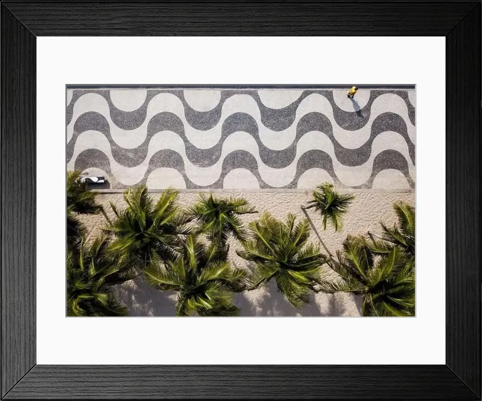 Framed Print : Top View of Copacabana Mosaic Sidewalk and Palm Trees at the Beach in Rio de Janeiro, Brazil Framed Print : Top View of Copacabana Mosaic Sidewalk and Palm Trees at the Beach in Rio de Janeiro, Brazil
