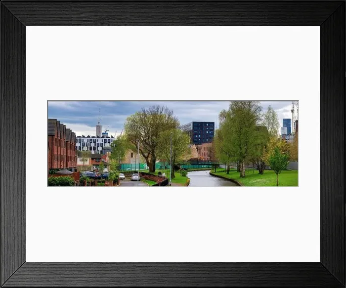 Framed Print : Panoramic view of Manchester Skyline on a spring day from Victoria Mills park, Miles Platting Framed Print : Panoramic view of Manchester Skyline on a spring day from Victoria Mills park, Miles Platting