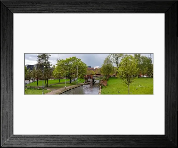 Framed Print : Panoramic view of Manchester Skyline on a spring day from Victoria Mills park, Miles Platting