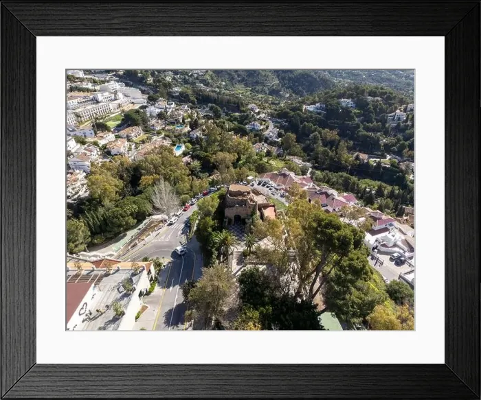 Framed Print : aerial view of the beautiful Mediterranean village of Mijas on the Costa del Sol of Malaga, Spain