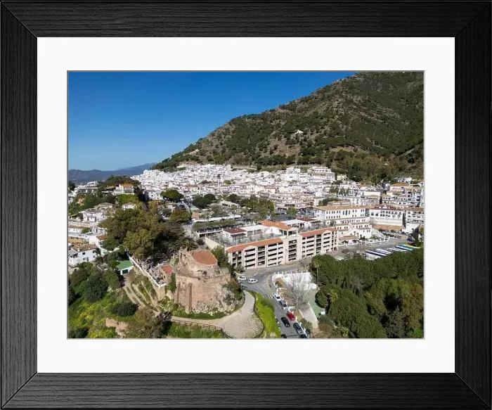 Framed Print : aerial view of the beautiful Mediterranean village of Mijas on the Costa del Sol of Malaga, Spain Framed Print : aerial view of the beautiful Mediterranean village of Mijas on the Costa del Sol of Malaga, Spain