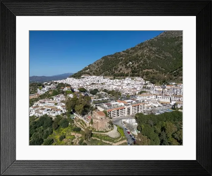 Framed Print : aerial view of the beautiful Mediterranean village of Mijas on the Costa del Sol of Malaga, Spain Framed Print : aerial view of the beautiful Mediterranean village of Mijas on the Costa del Sol of Malaga, Spain