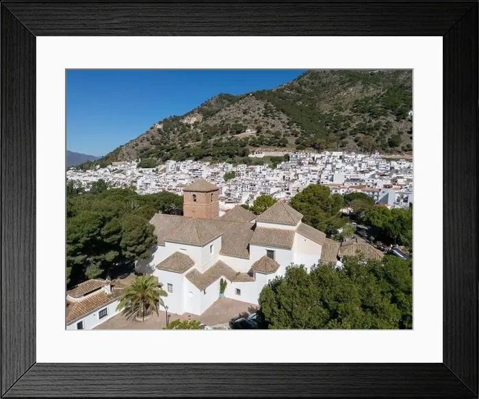 Framed Print : aerial view of the beautiful Mediterranean village of Mijas on the Costa del Sol of Malaga, Spain