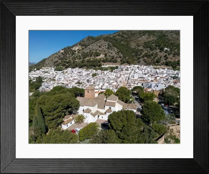 Framed Print : aerial view of the beautiful Mediterranean village of Mijas on the Costa del Sol of Malaga, Spain Framed Print : aerial view of the beautiful Mediterranean village of Mijas on the Costa del Sol of Malaga, Spain